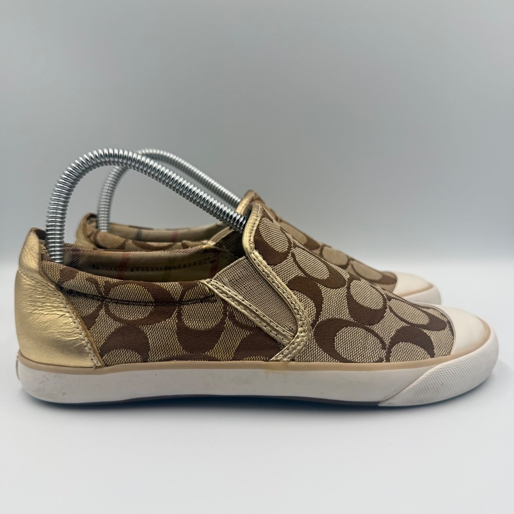 Coach Barrett Womens Size 7 Slip On Sneakers Monogram Canvas Metallic Gold Brown